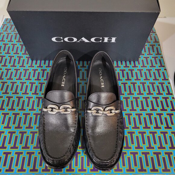 Coach Shoes - COACH Jess Black Leather Silver Chain Loafers Size 8.5